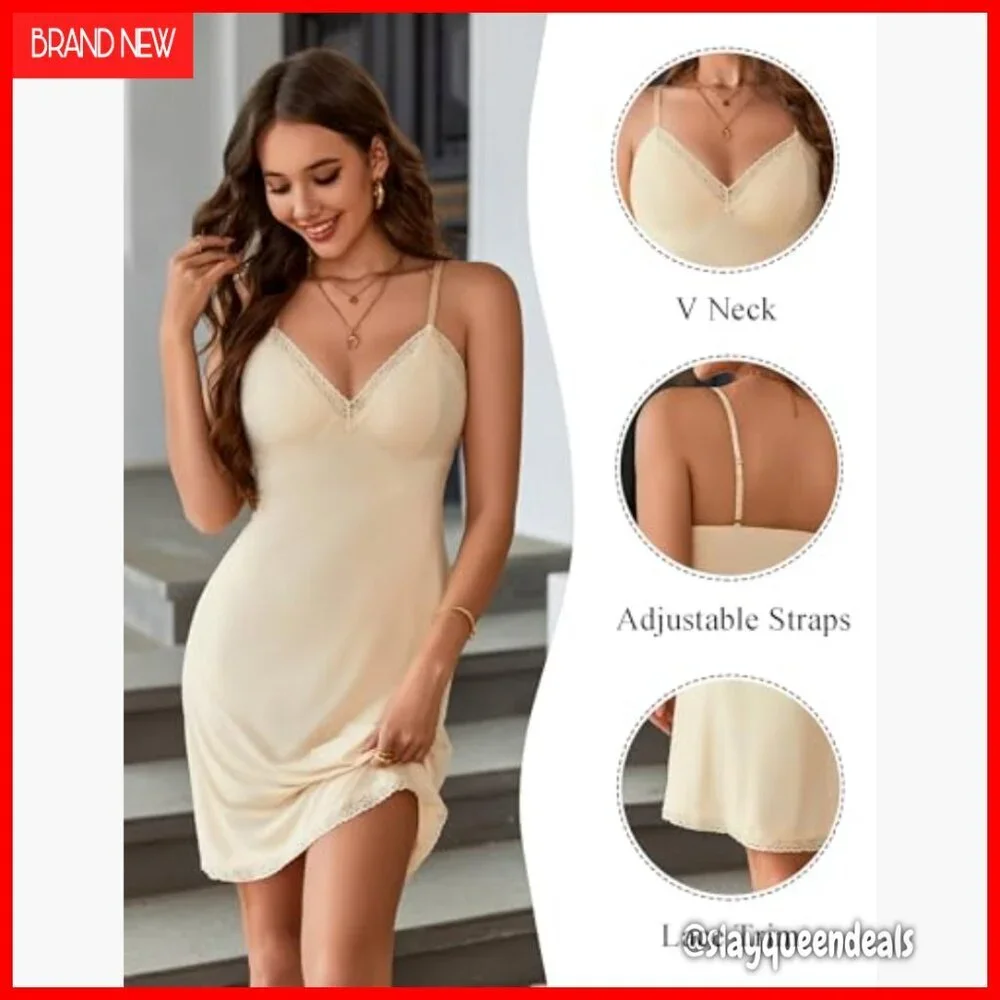 Spaghetti Strap Full Slip Dress Lace Trim Nightgown Underdress Stretchy